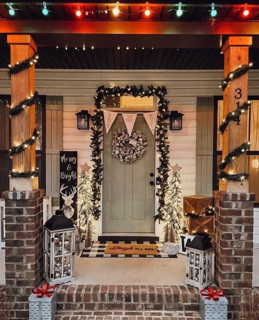 Christmas porch, lights, wreath, rustic decor