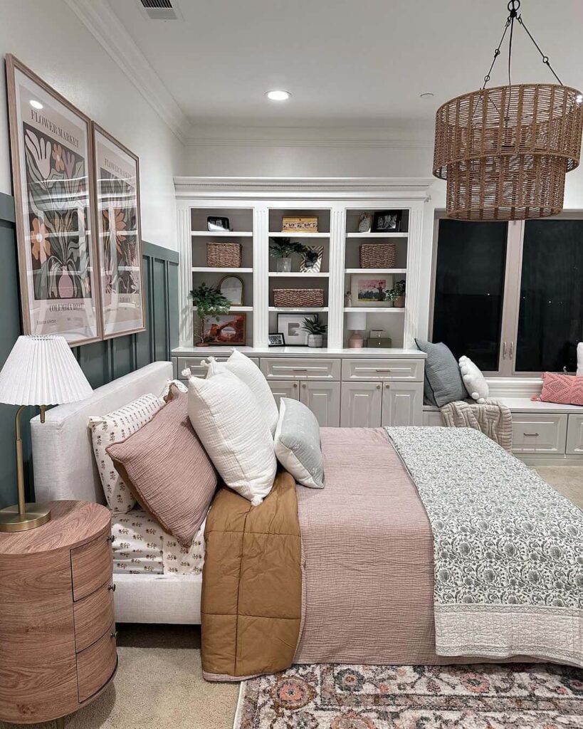 Cottage-style bedroom, pink accents, built-in shelving