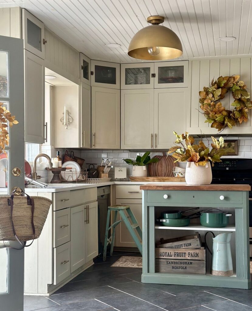 Cottage kitchen, fall decor, green island