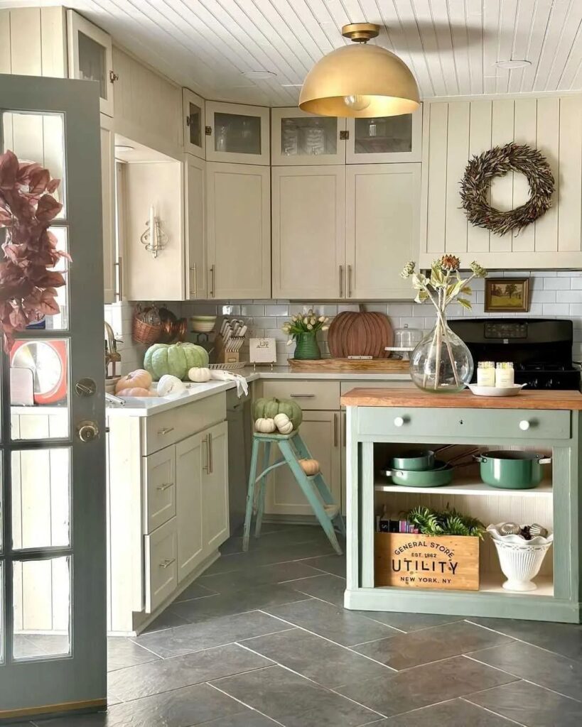 Neutral kitchen, fall decor, pumpkins, cottage style