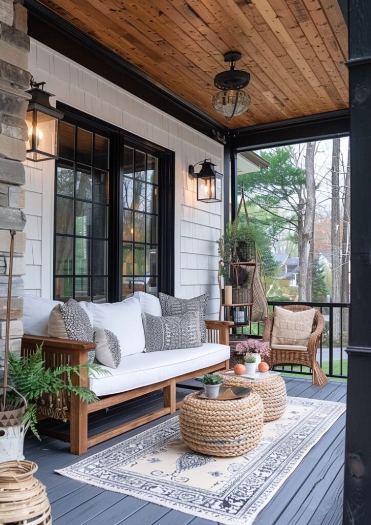 Farmhouse porch with swing and textiles