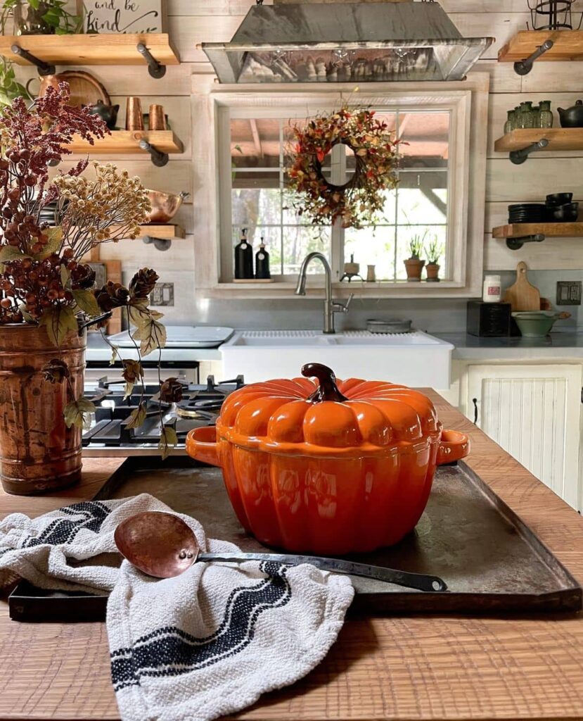 Pumpkin pot, fall flowers, farmhouse kitchen