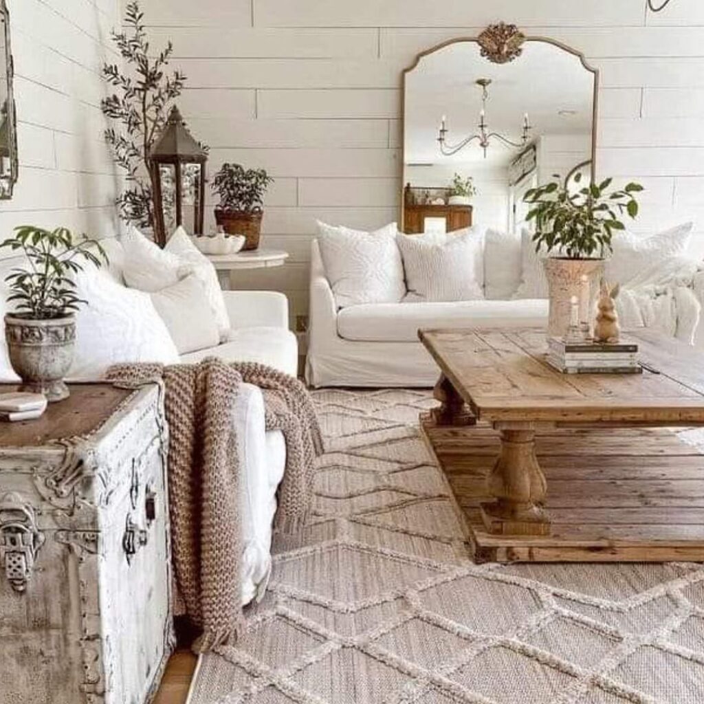 White farmhouse lobby, rustic furniture, plants