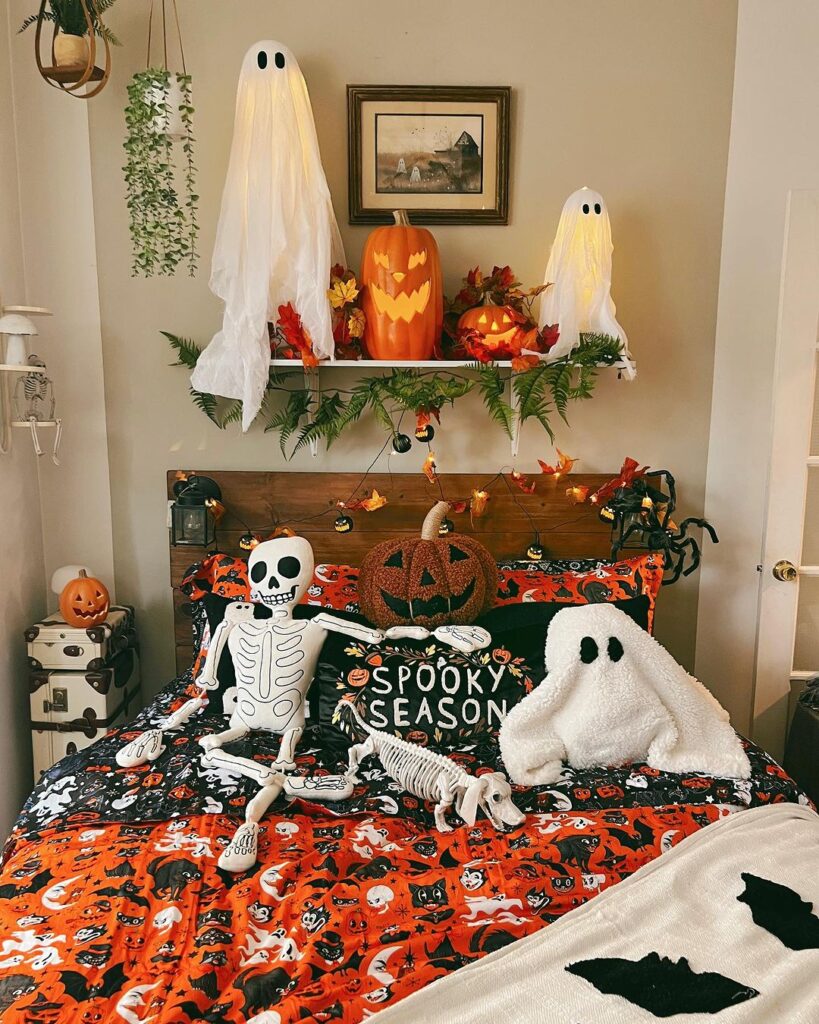 Halloween-themed bedroom with skeleton and ghost decorations