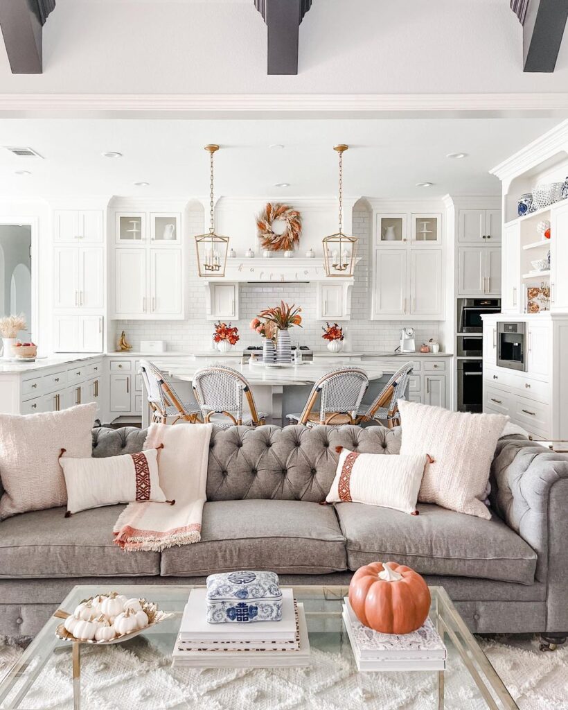 Open-concept kitchen living room, fall decor