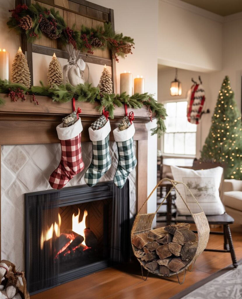 Christmas mantel, plaid stockings, pine garland