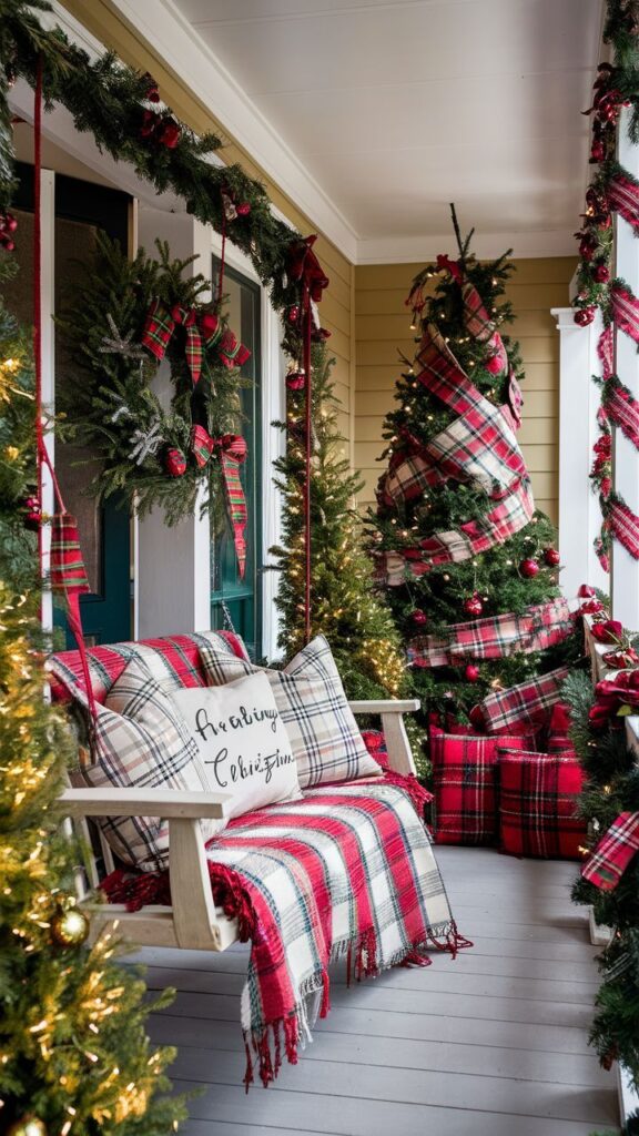 Plaid-decorated porch with Christmas tree and garlands