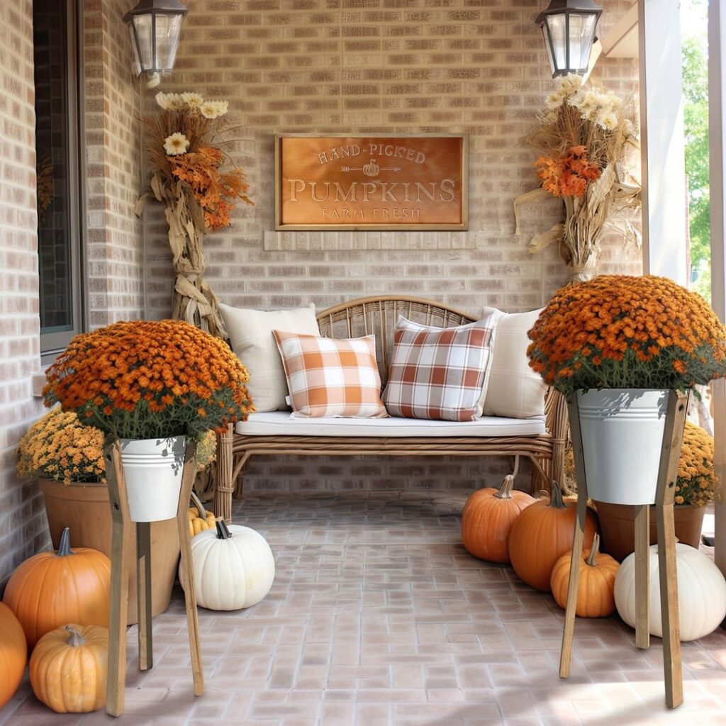 Fall porch, mums, pumpkins, plaid pillows