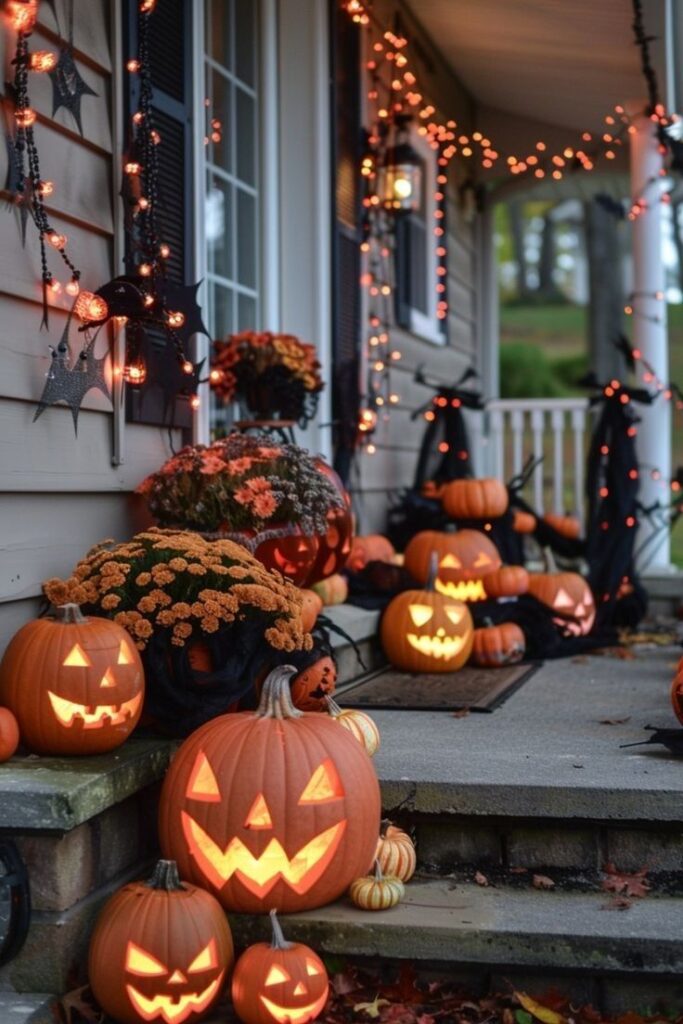 Porch with lit pumpkins, autumn decor