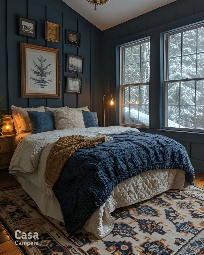 Navy cabin bedroom, snowy windows, cozy textiles