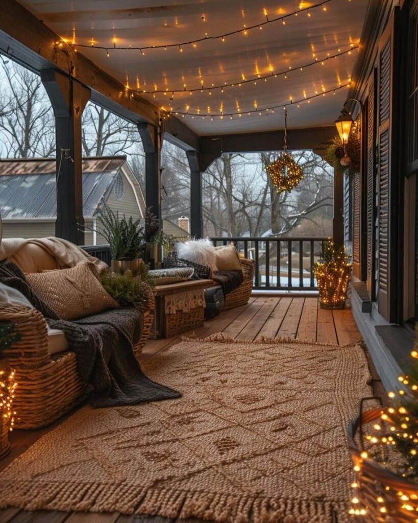 Cozy porch with string lights and winter decor