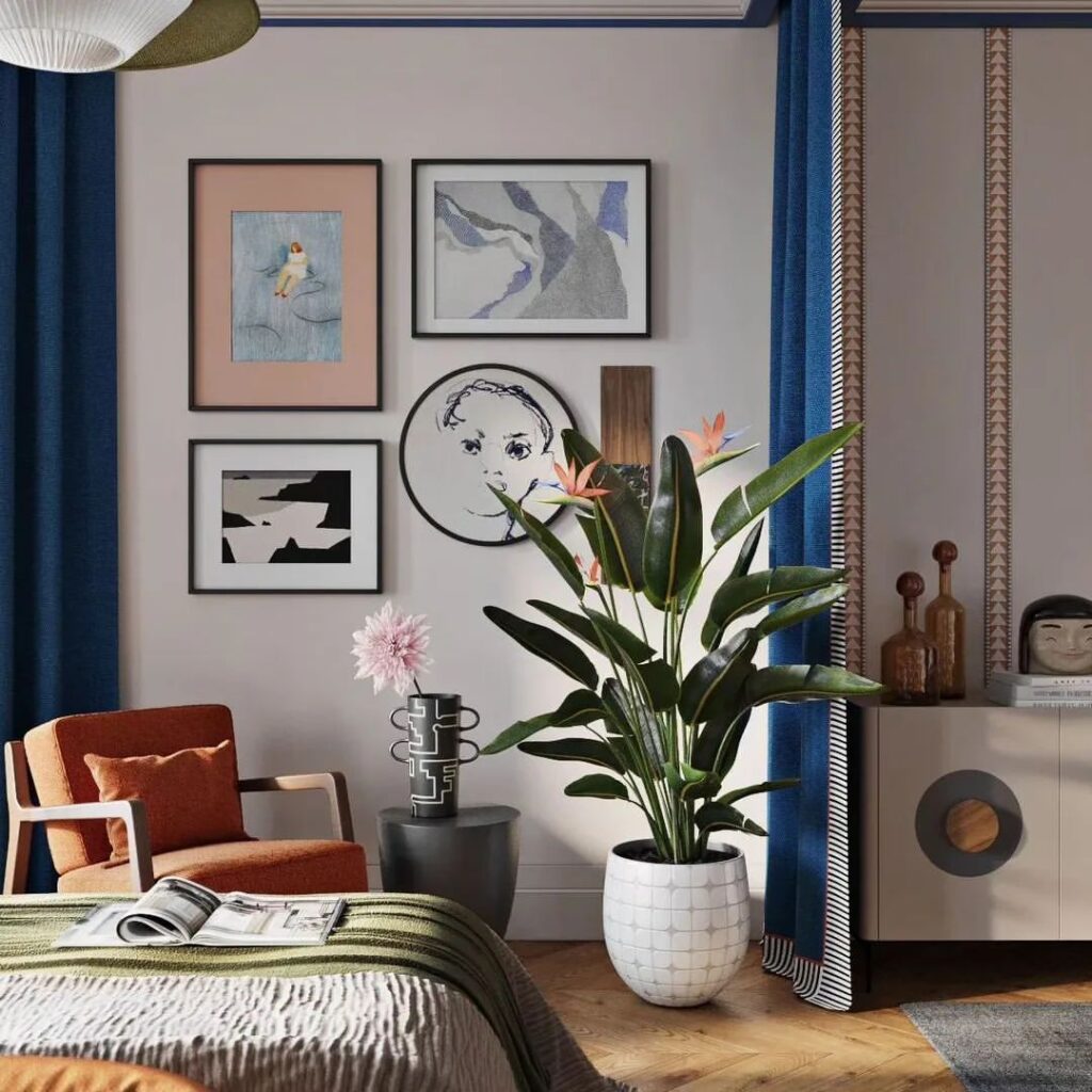 Eclectic bedroom with blue curtains, art gallery