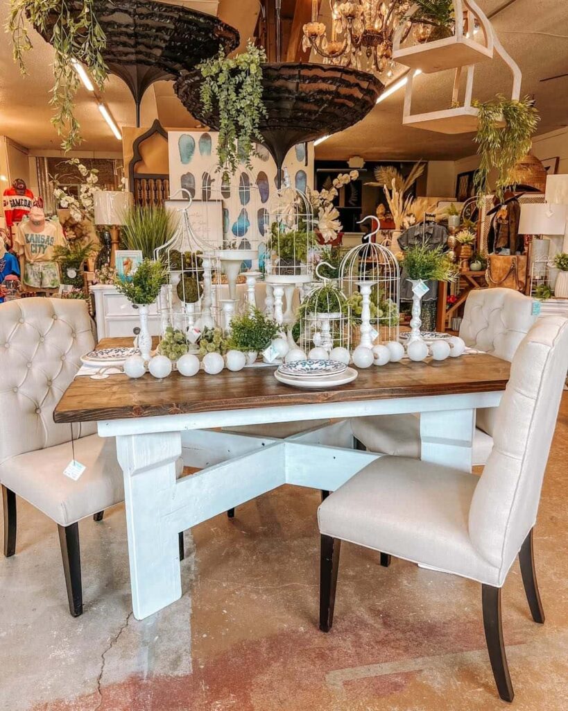 Rustic table with garden-inspired lobby decor