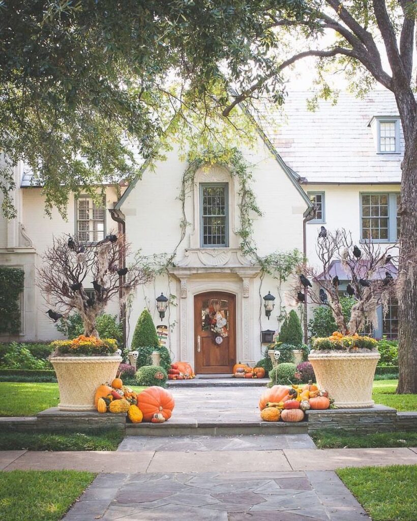 Elegant house entrance, pumpkins, fall decor