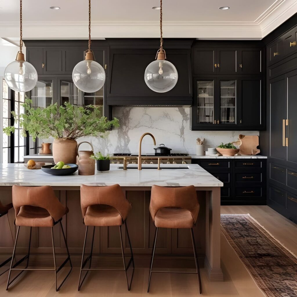 Modern black kitchen, terracotta accents, fall decor