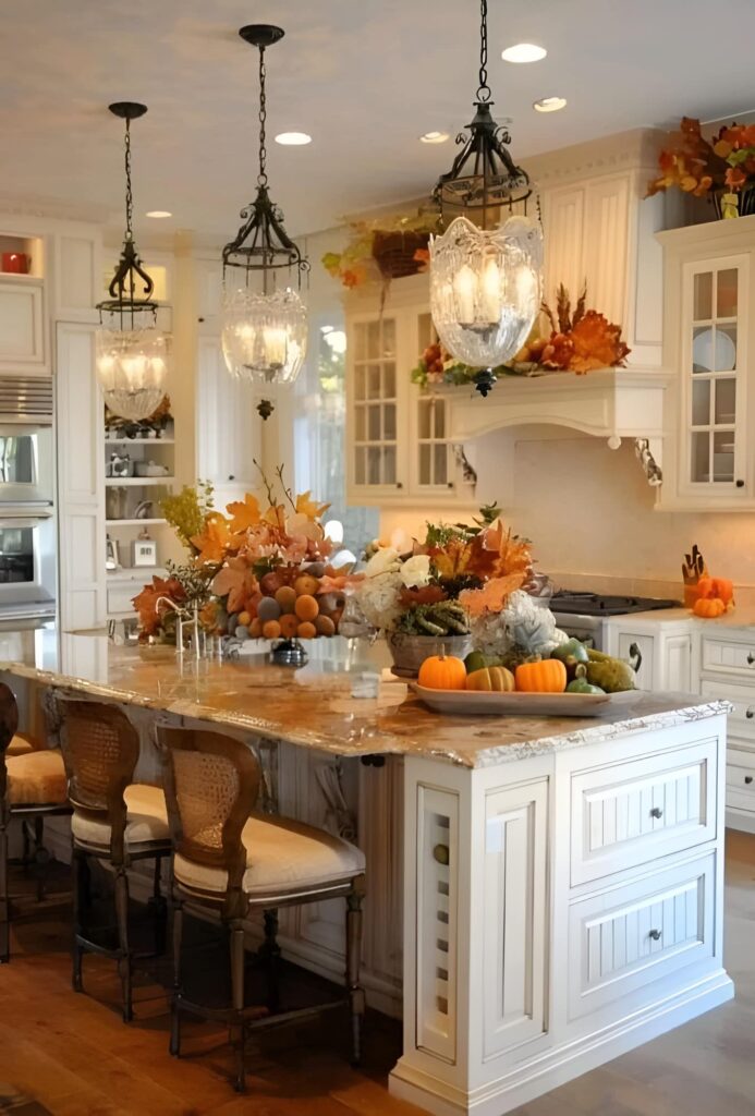 Neutral kitchen, fall centerpiece, marble island, crystal pendants