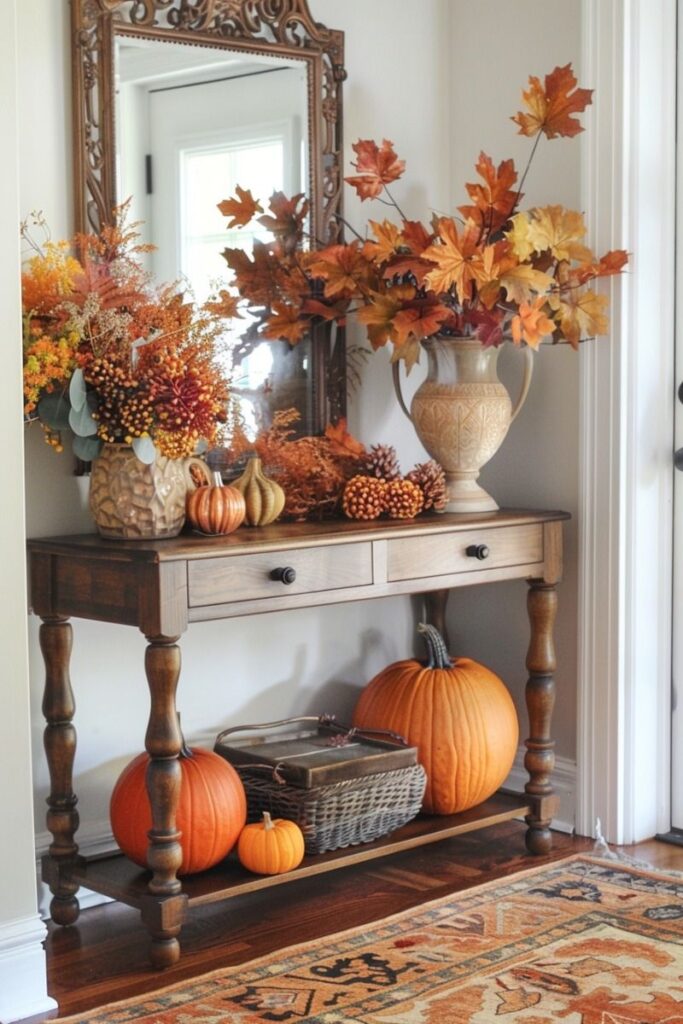 Console table, fall foliage, pumpkins, mirror