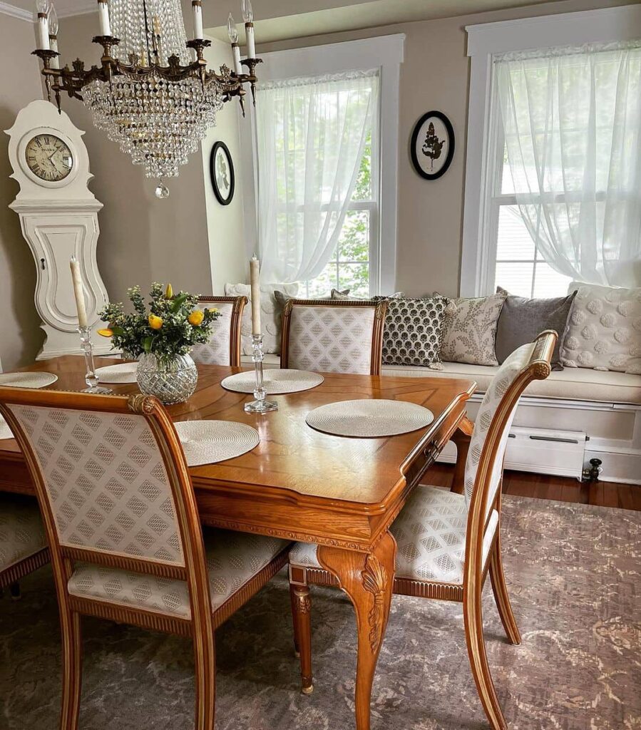 Elegant dining room, crystal chandelier, window seat