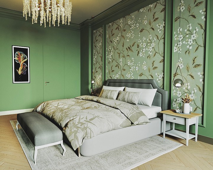 Green bedroom, floral wallpaper, crystal chandelier