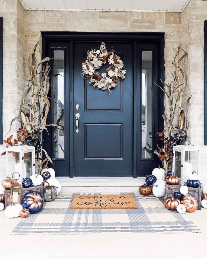 Navy door, fall wreath, stylish pumpkin decor