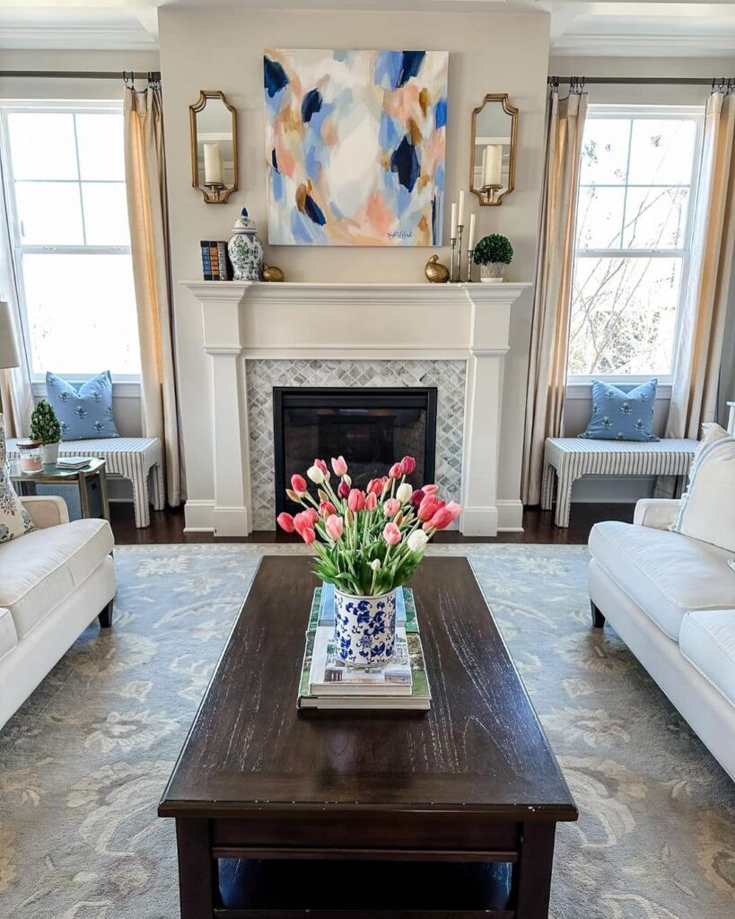 Spring living room, fireplace, tulips, abstract art