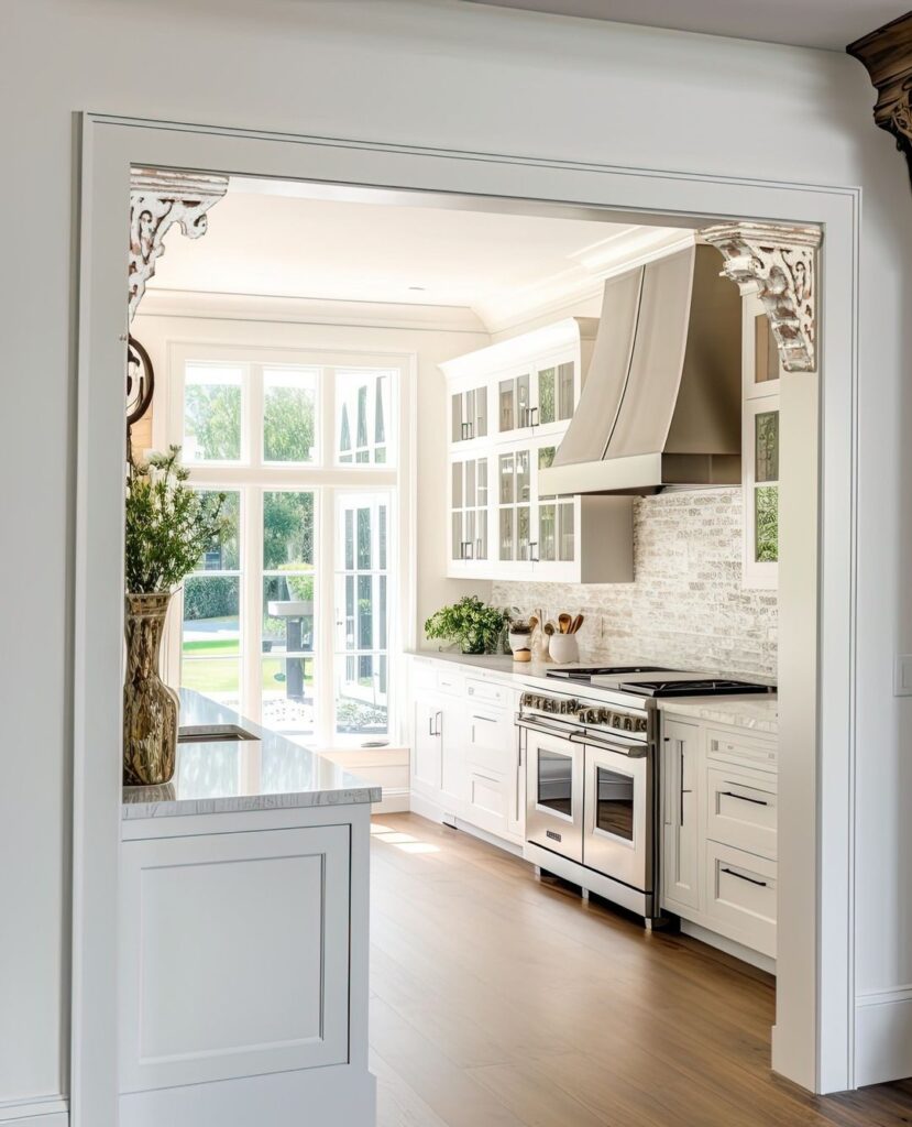 White kitchen, archway, brick backsplash, neutral palette