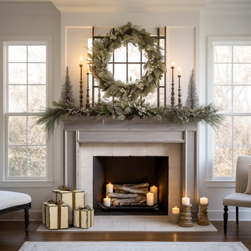 Frosted wreath, garland, candles, elegant mantel