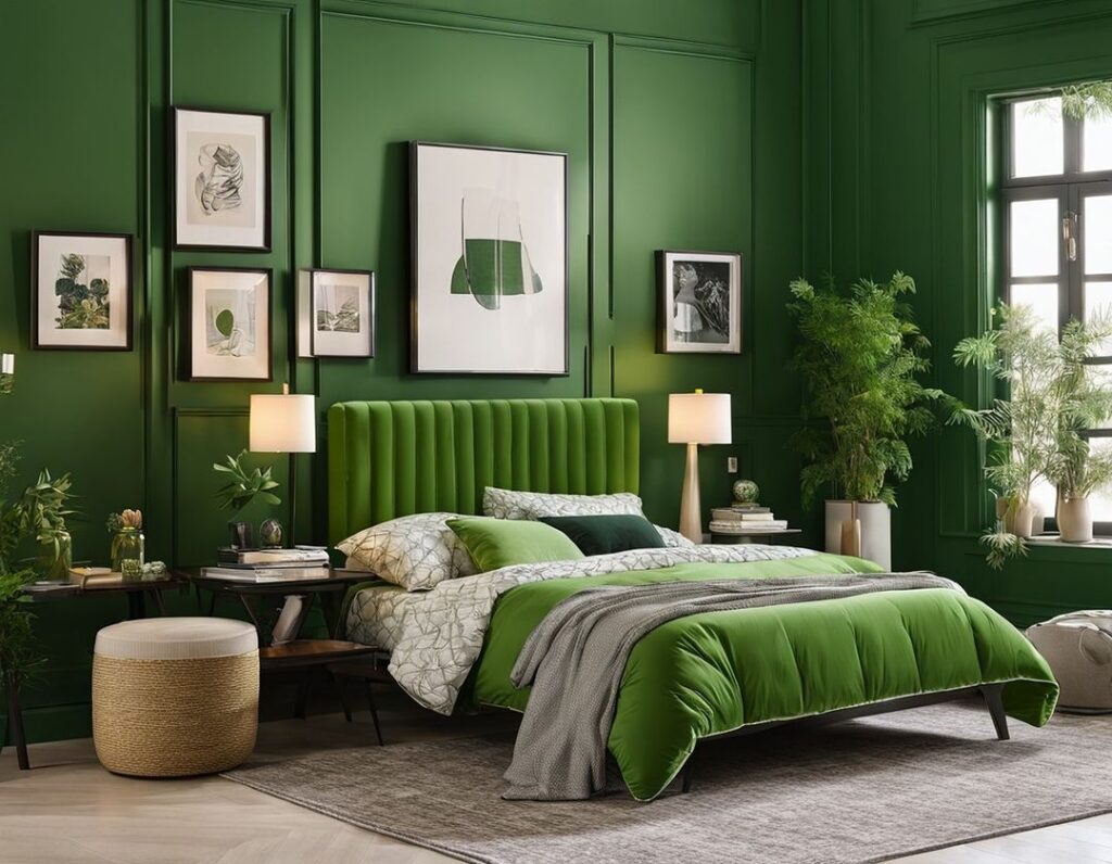 Green walls, velvet bed, botanical prints