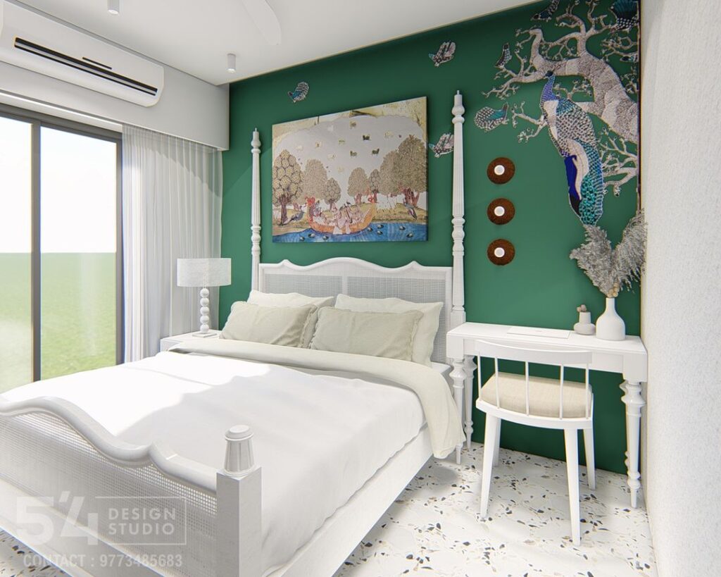 Green bedroom, white bed, artistic decor