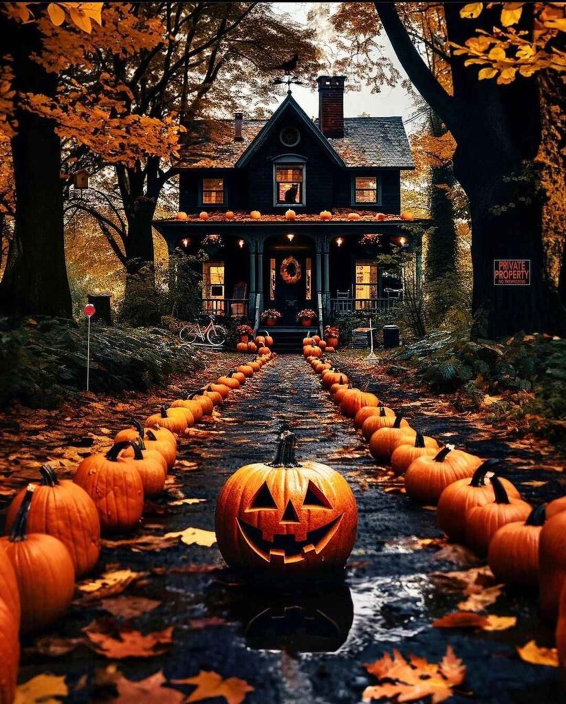 Halloween house, pumpkin-lined path, autumn foliage