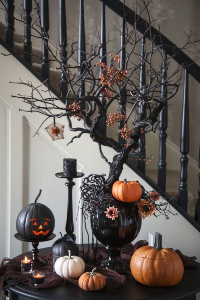 Halloween decor with black tree and pumpkins by staircase