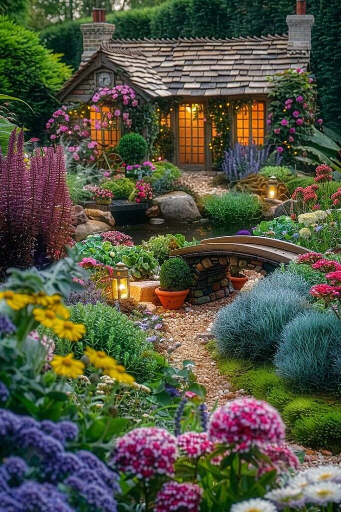 Cottage, flowers, pond, magical garden