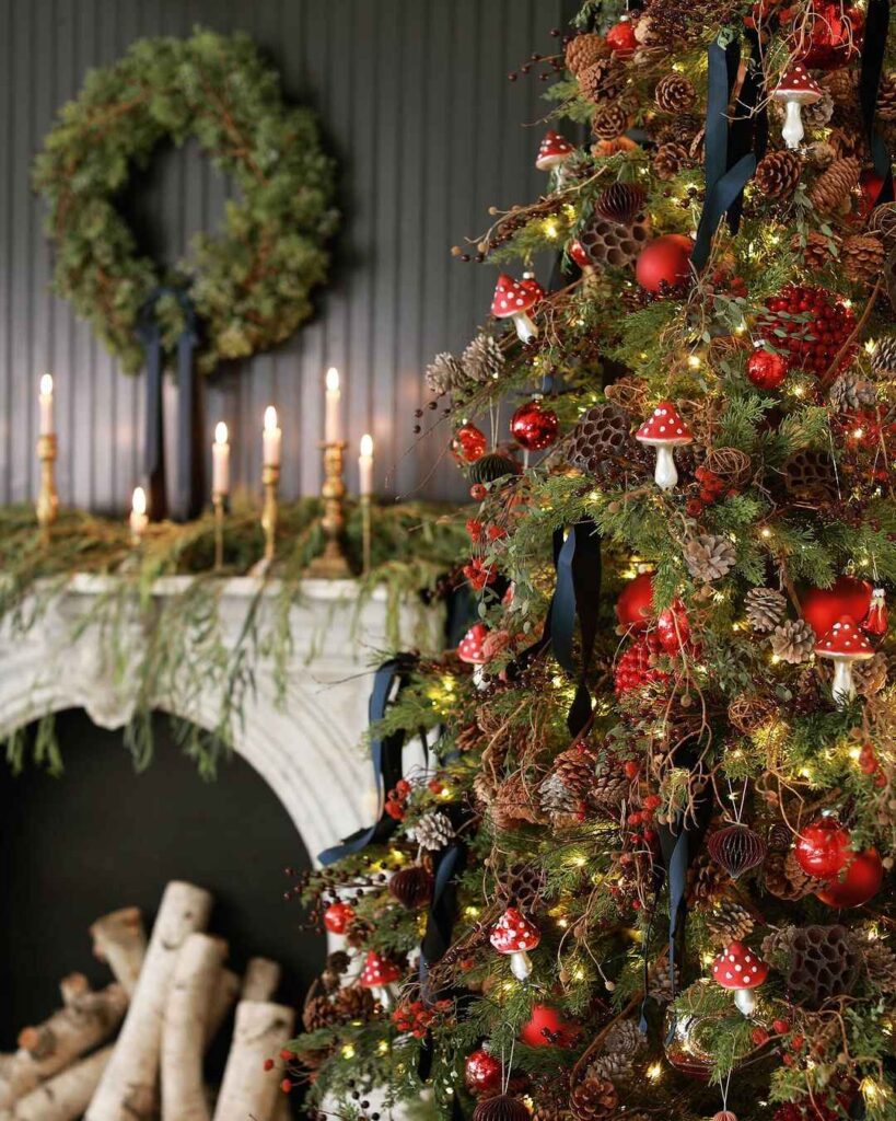 Woodland-themed Christmas tree and decorated mantel