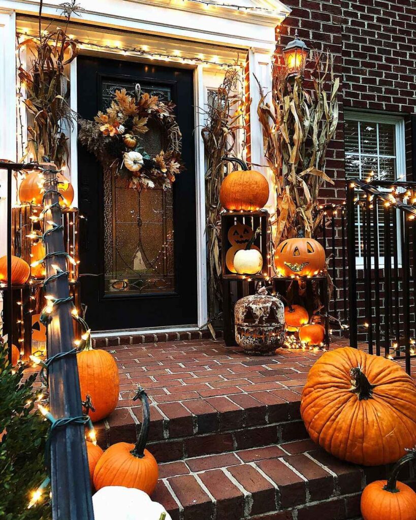 Porch with pumpkins, lights, cornstalks