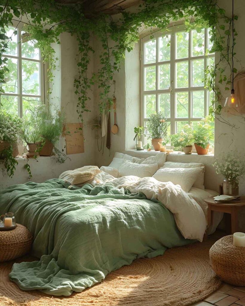 Sunlit bedroom with green bedding, climbing ivy