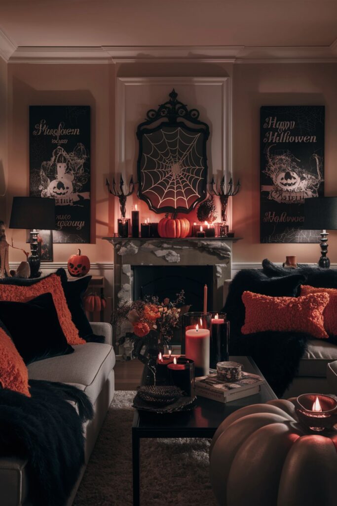 Cozy Halloween-themed living room with candlelit fireplace