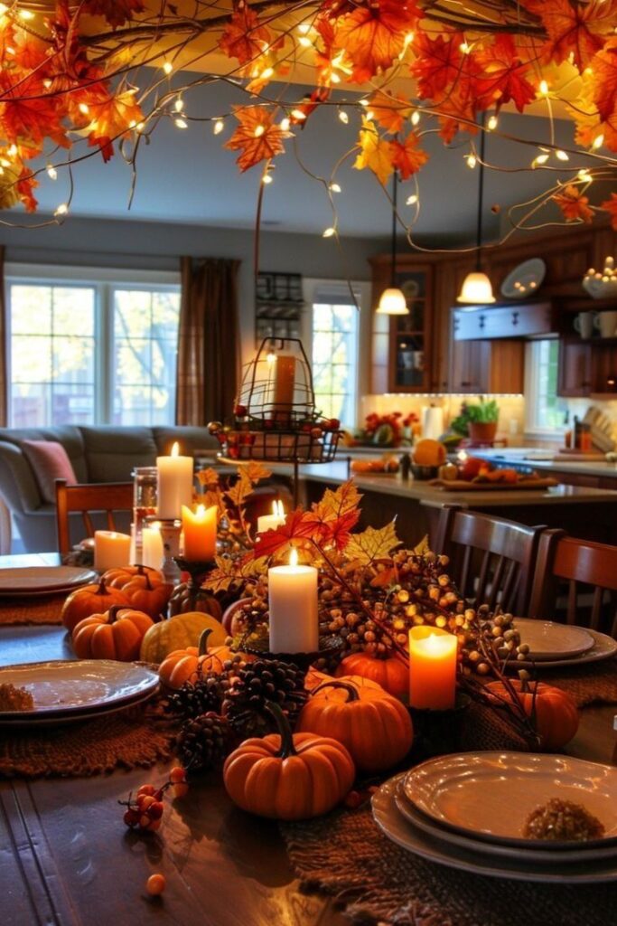 Autumn leaf canopy, pumpkin centerpiece, candlelit