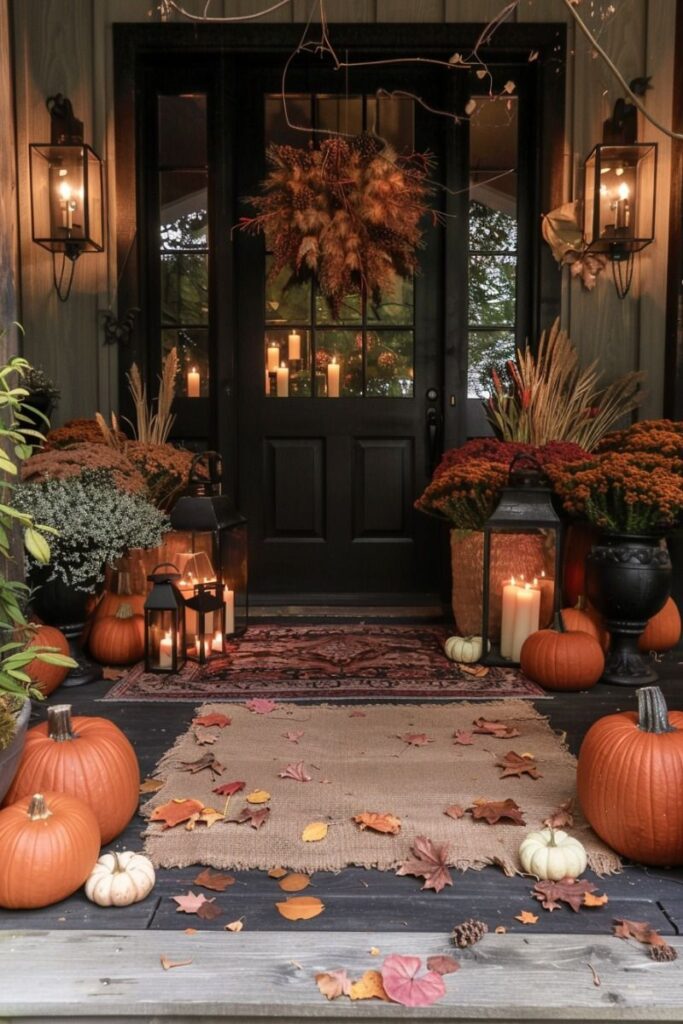 Porch with pumpkins, candles, fall foliage