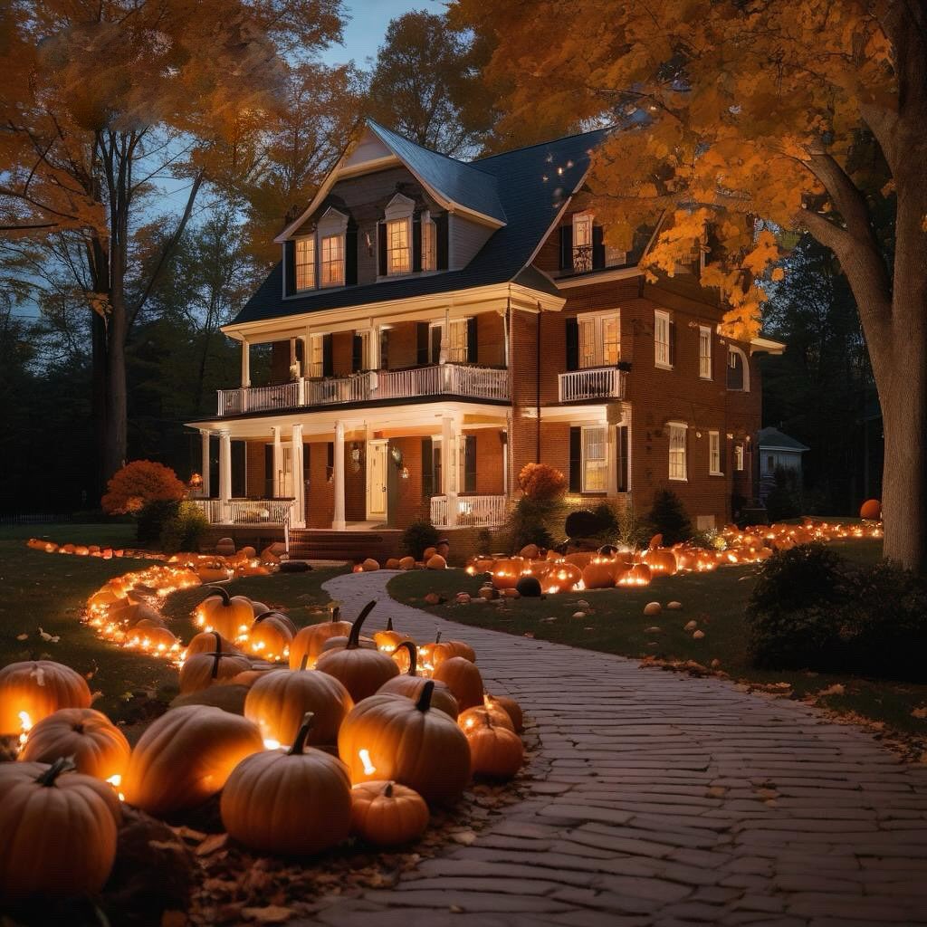 Illuminated pumpkins, autumn house, glowing pathway