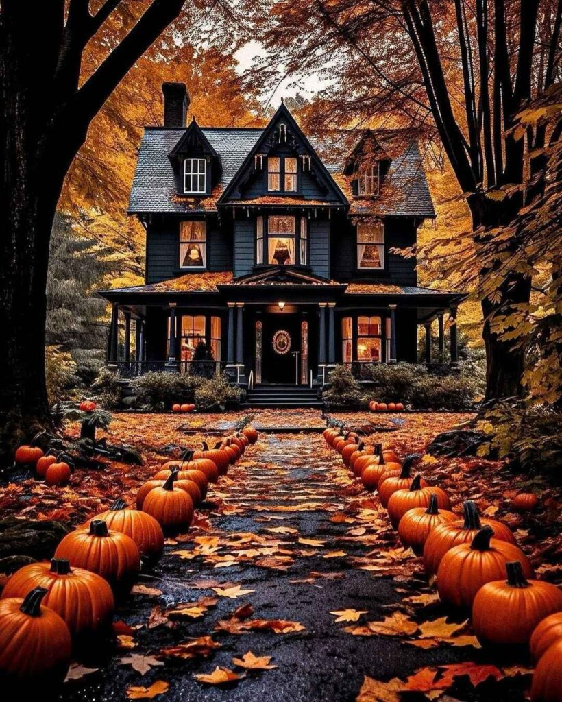 Victorian house autumn foliage pumpkin-lined path