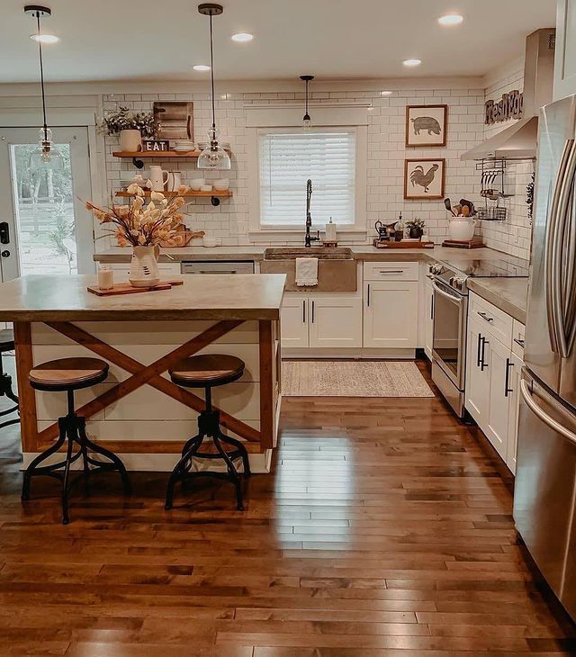 Farmhouse kitchen, wooden island, autumn decor