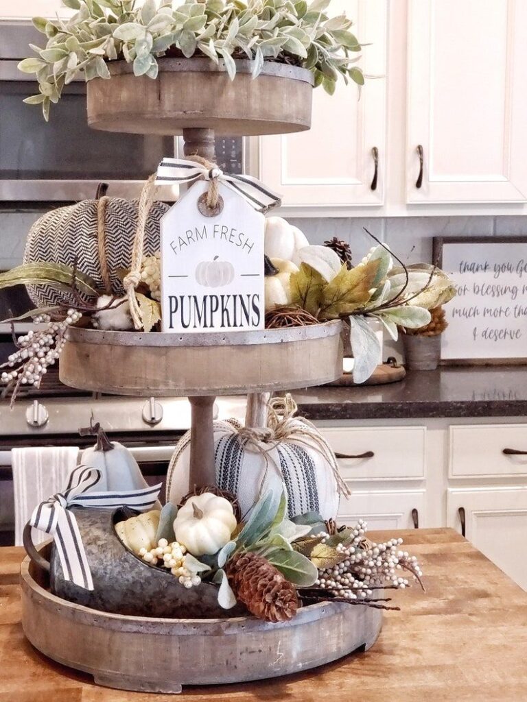 Fall tiered tray, pumpkins, greenery, farmhouse