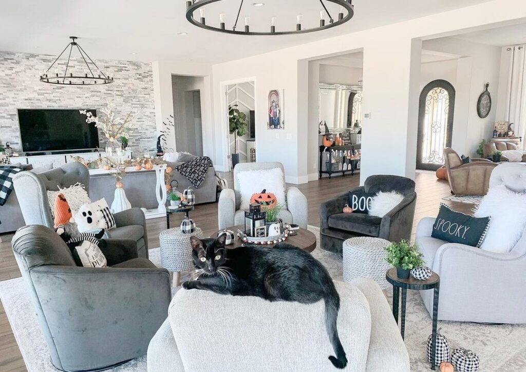 Cat lounging amid stylish Halloween living room