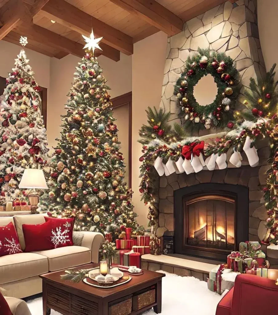 Cozy Christmas living room, decorated trees, fireplace