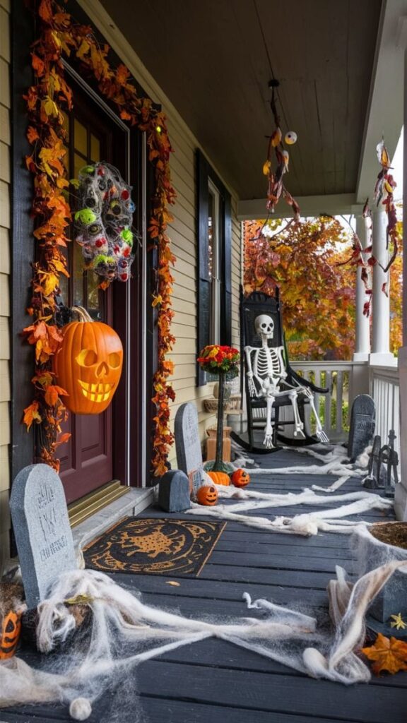 Halloween porch, skeleton, pumpkins, autumn leaves