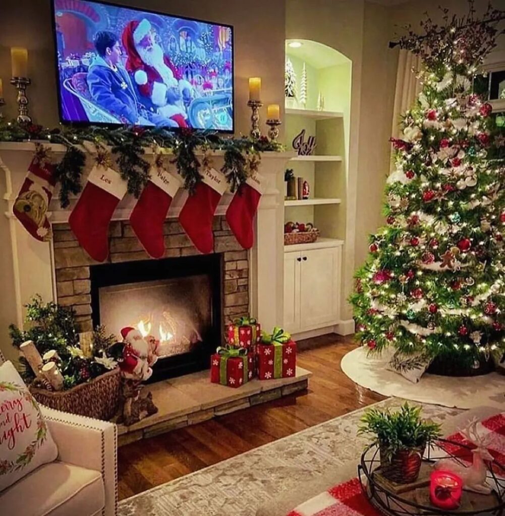 Mantel with stockings, TV, Christmas tree