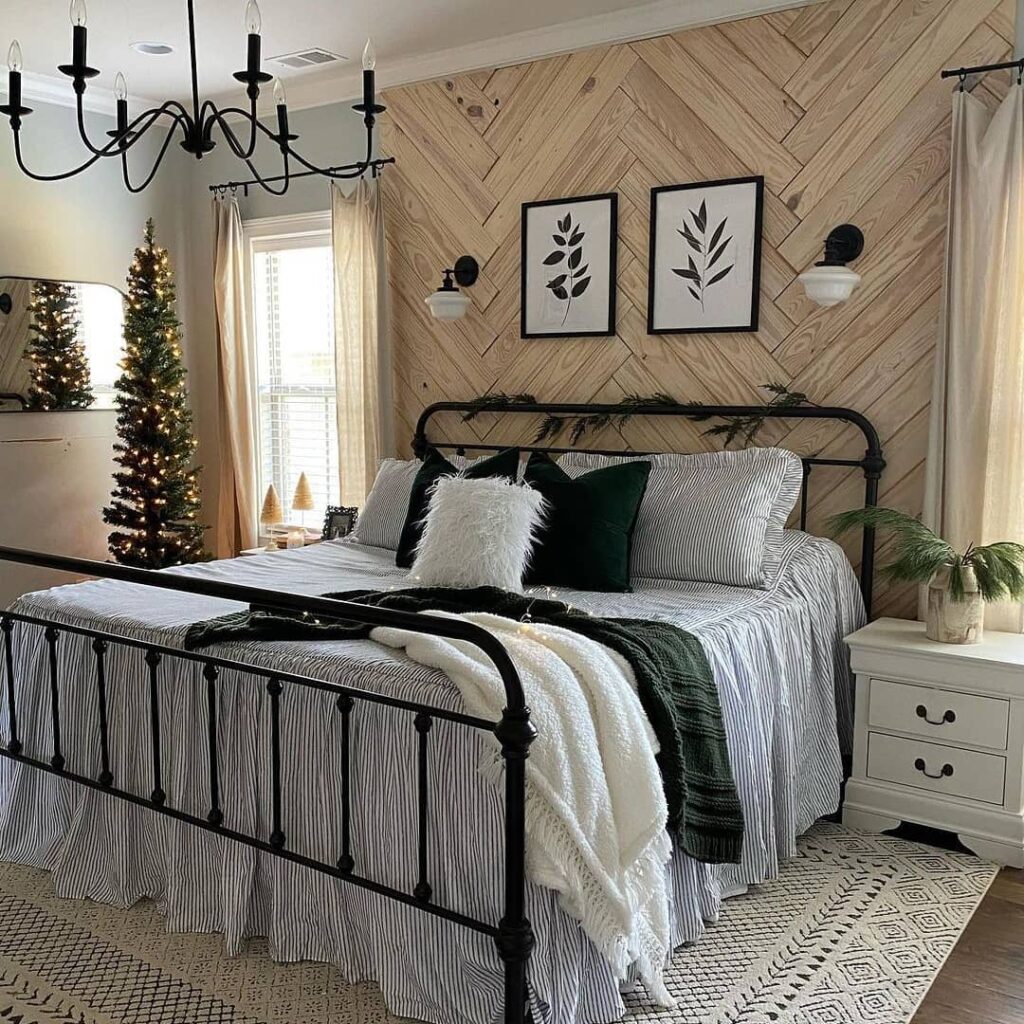 Farmhouse bedroom, wood wall, Christmas decor