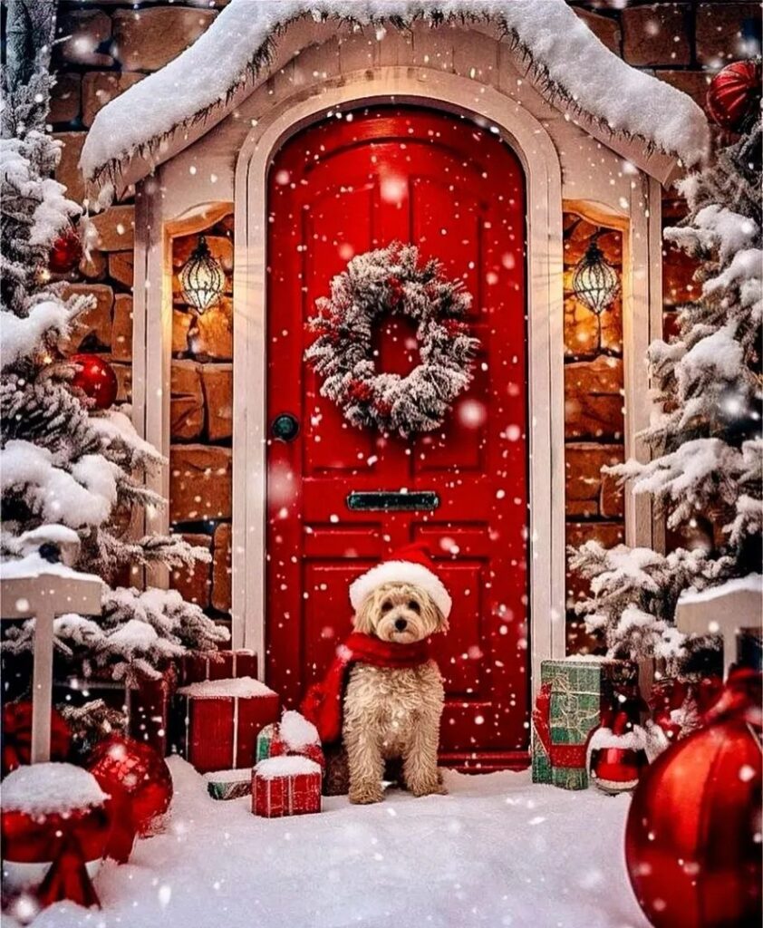 Dog at snowy Christmas cottage door