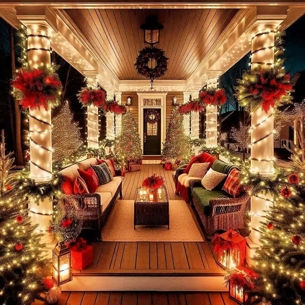 Cozy Christmas porch, twinkling lights, wreaths