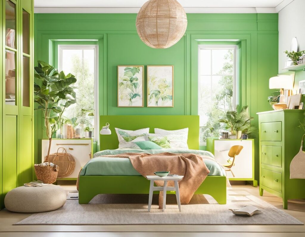 Lime green bedroom, tropical plants, rattan accents